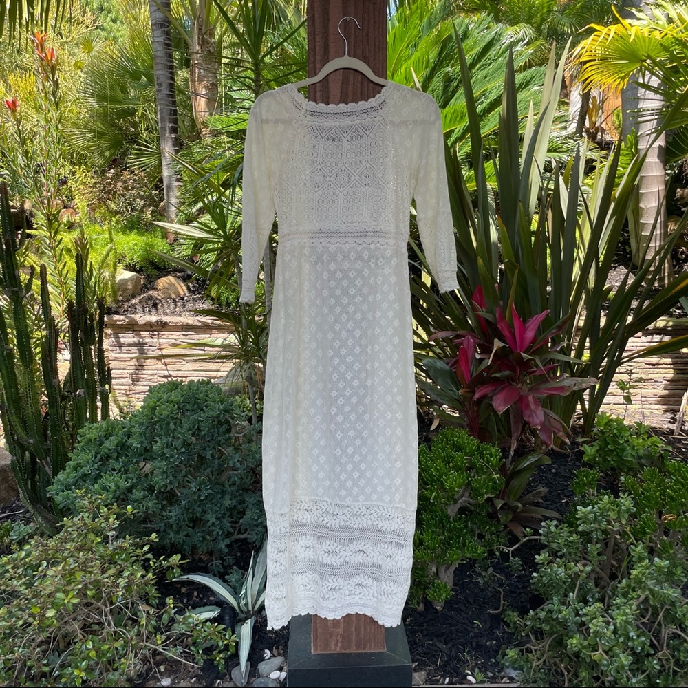 ZARA women’s crochet lace Prairie dress midi 3/4 length sleeve size small - Picture 5 of 7